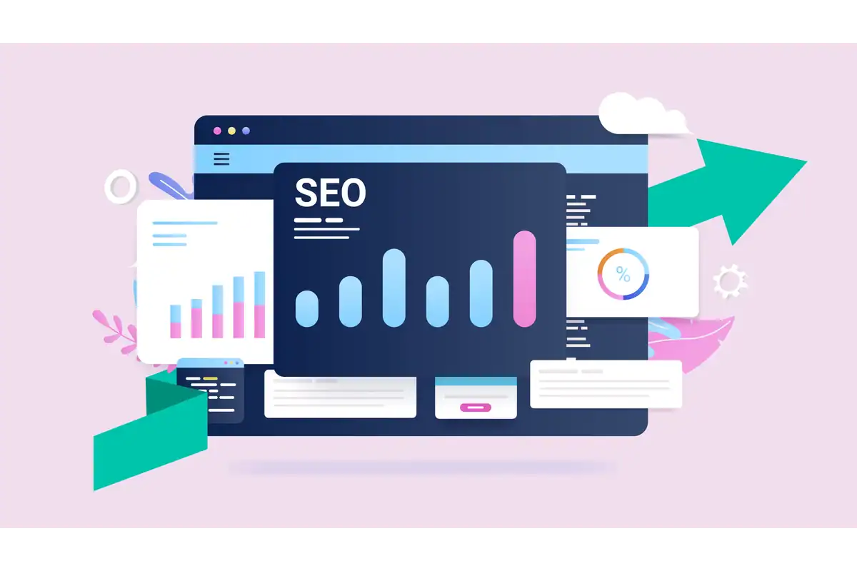 Digital marketing SEO analytics dashboard with graphs and charts.