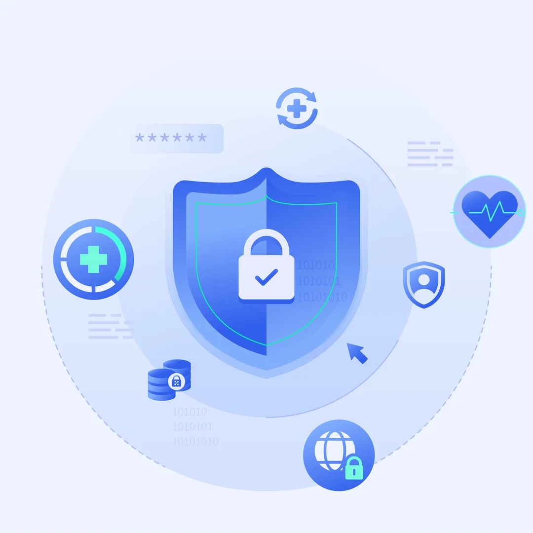 Cybersecurity shield with lock and health icons representing data protection.