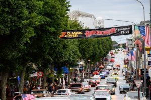 Vintage American cars parade during Americarna event in New Zealand Street.