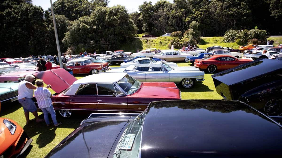 Classic American cars at Americarna car festival in New Zealand, showcasing vintage and muscle cars.