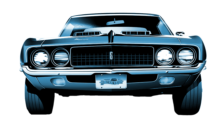 Classic American muscle car front view at Americarna event, showcasing vintage automotive excellence.