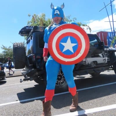 Captain America cosplay at Americarna event in New Zealand, superhero costume with shield and boots.