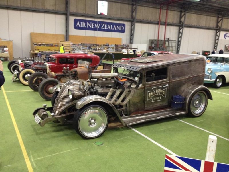 Rusty vintage custom car at Americarna event, showcasing classic vehicles and automotive culture in New Zealand.