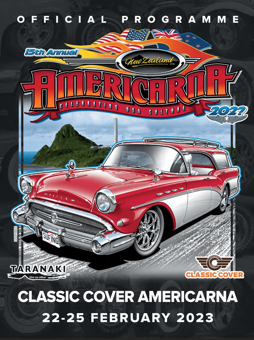 Vintage American car featured on soft cover program for Americarna 2023 event in Taranaki, highlighting classic vehicles and New Zealand's USA culture.
