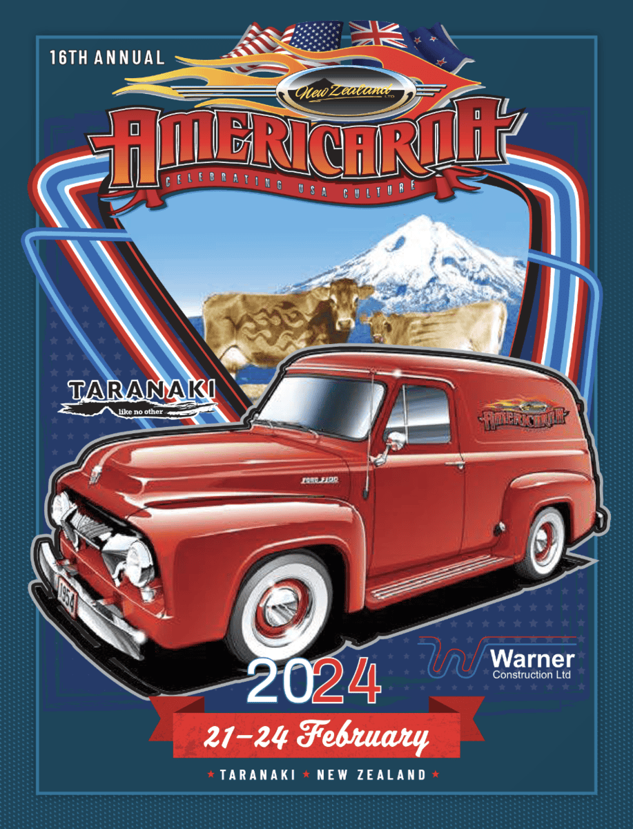 Classic American car at Americarna festival, Taranaki, New Zealand, celebrating USA culture.