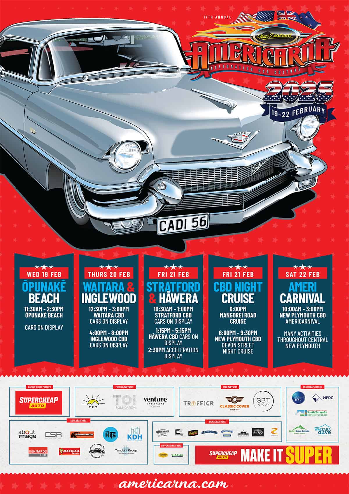 Vintage Cadillac car illustration for Americarna New Zealand car festival.