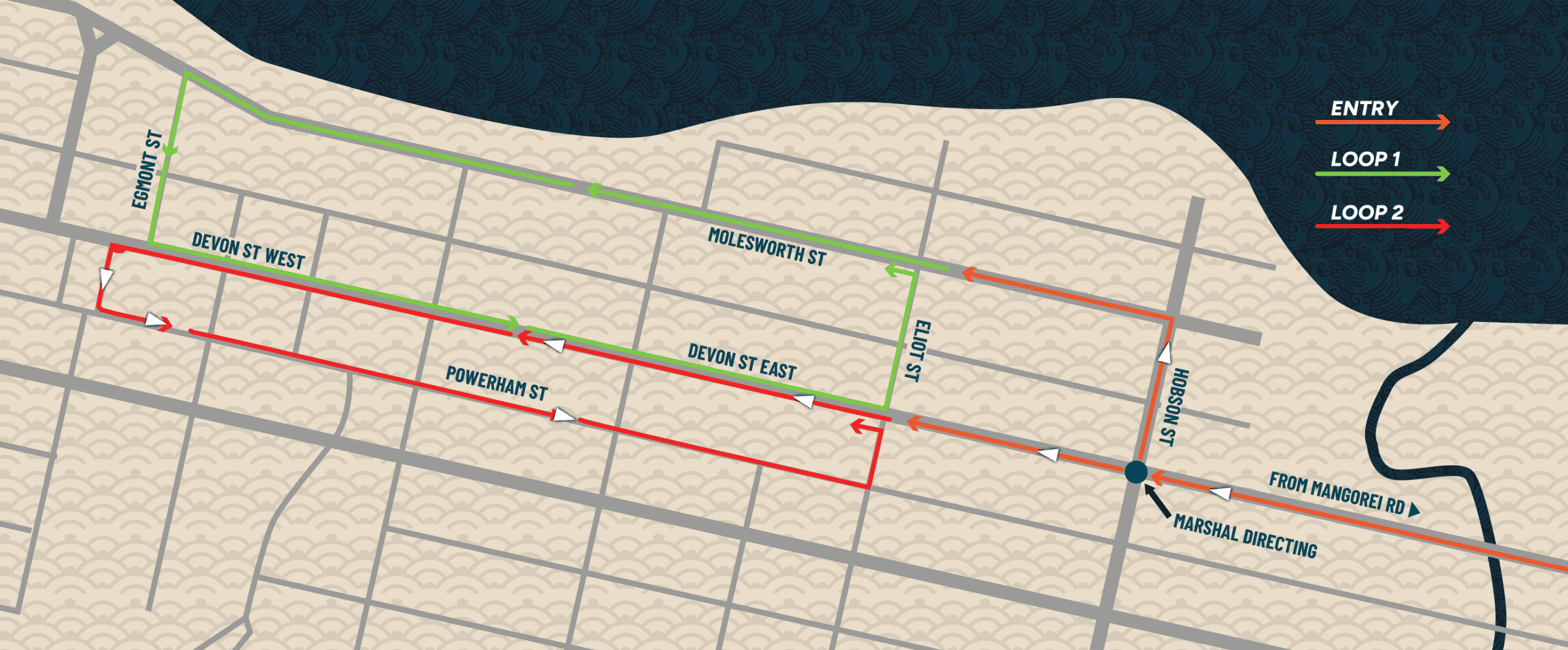 Map of Americarna event routes with entry and loop points in New Zealand.