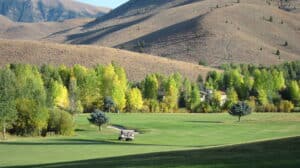 Golf course surrounded by autumn foliage.