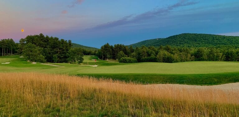 Scenic golf course at sunset.