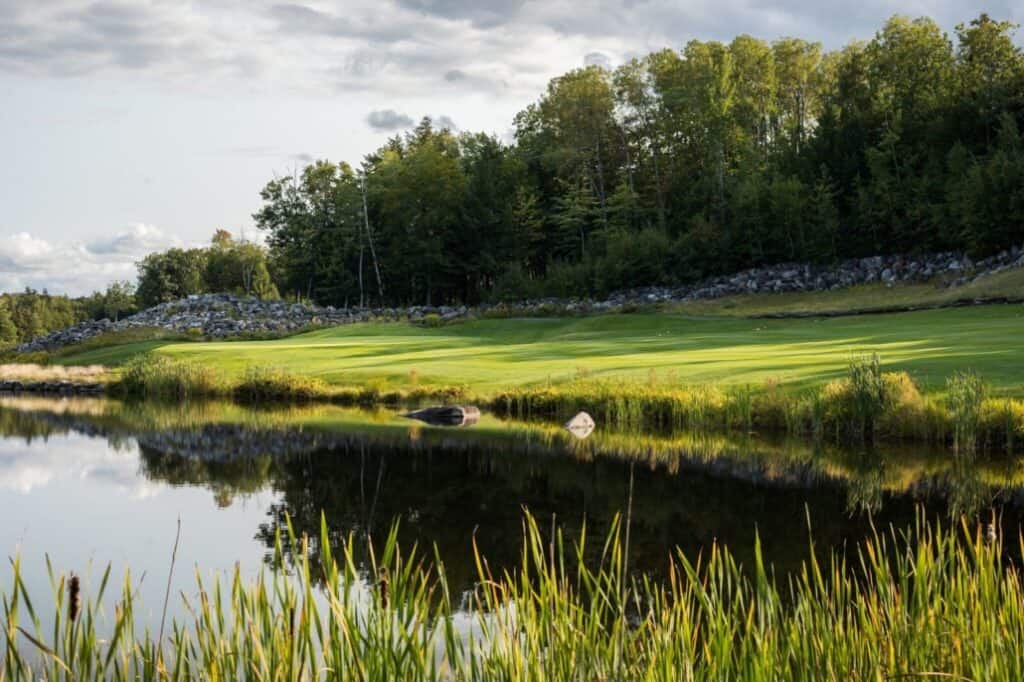 Serene golf course by tranquil water