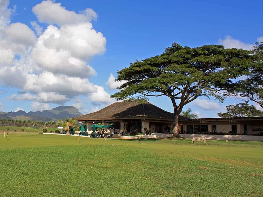 Golf clubhouse with scenic landscape