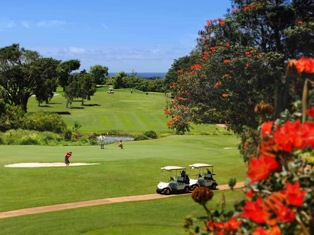 Golf course with vibrant flowers and players