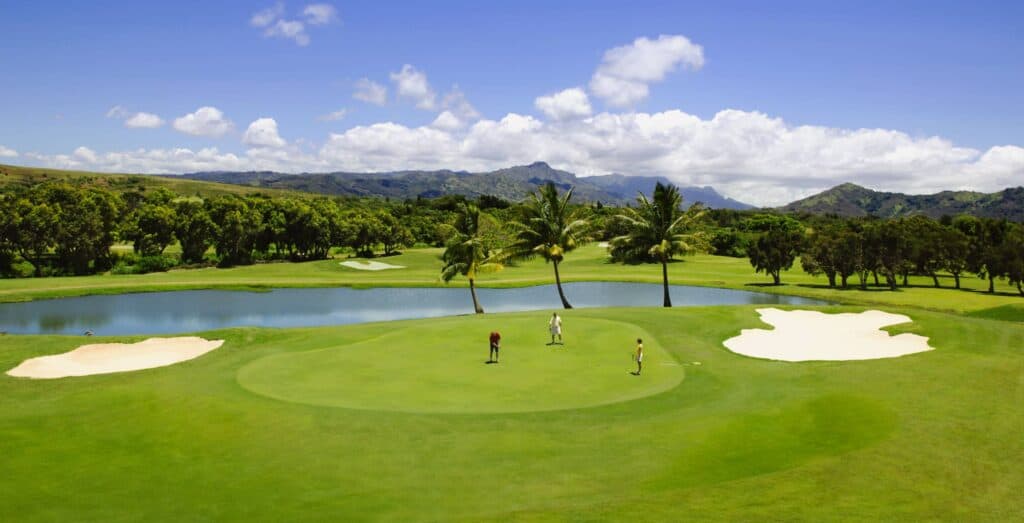 Lush golf course with palm trees