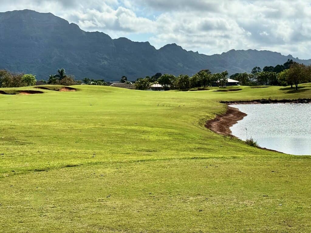 Lush green golf course by water