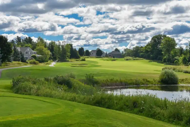 Lush golf course under cloudy sky
