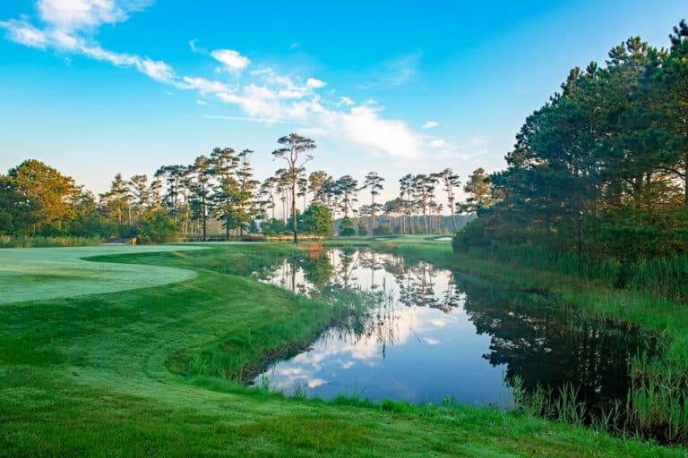 Lush golf course with serene water