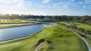 Lush golf course with water features
