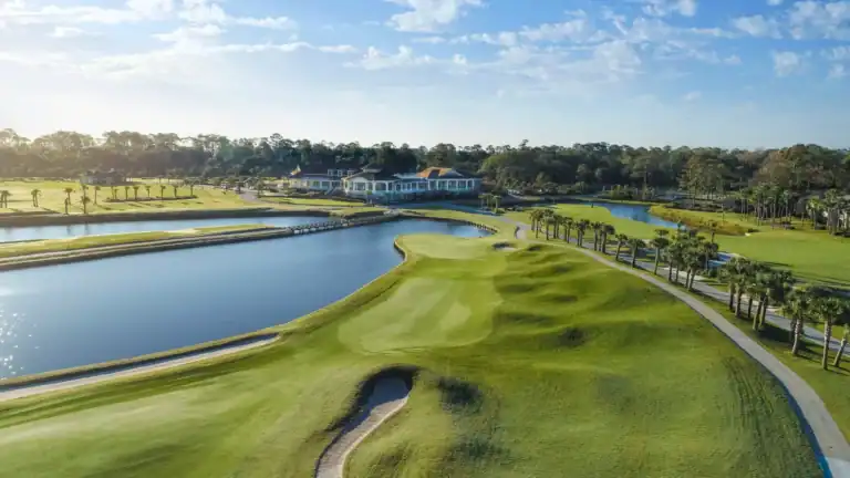 Lush golf course with water features