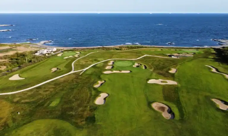 Aerial view of coastal golf course.