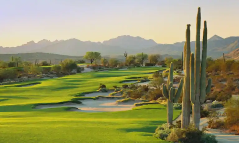 Desert golf course with cacti and mountains