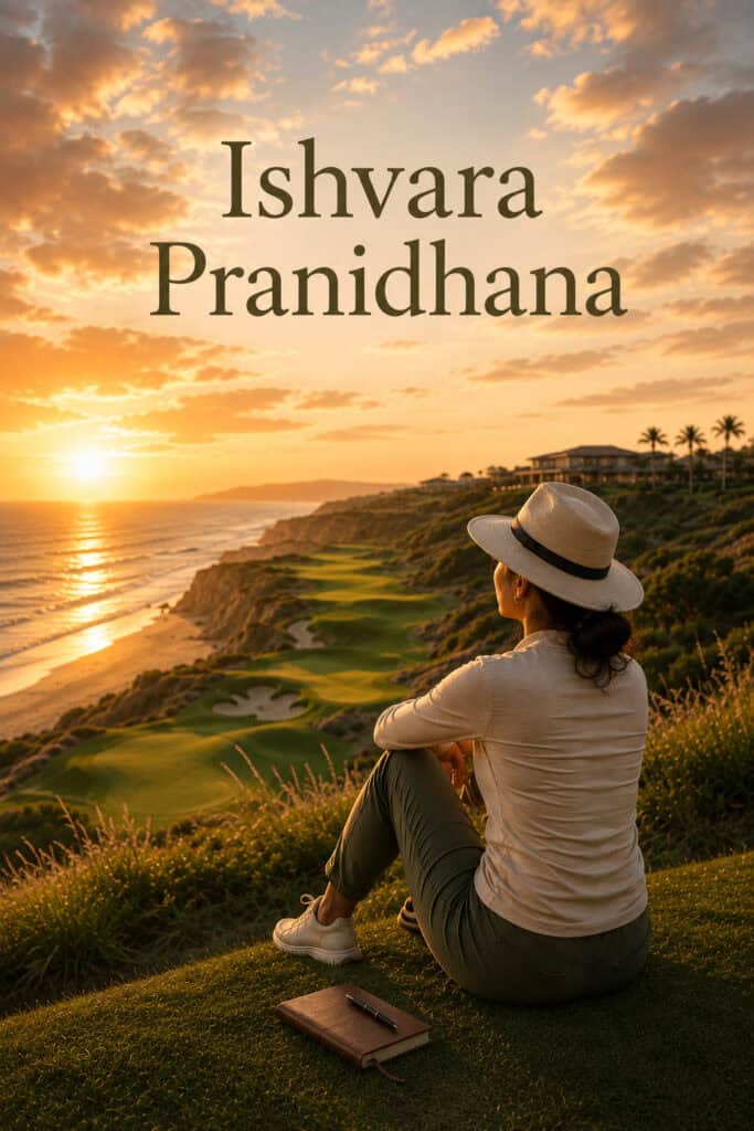 Woman enjoying a mindful walk overlooking a sunset over the ocean and cliffs.