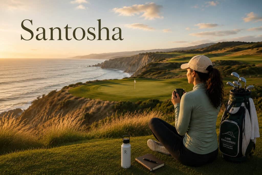Woman practicing mindfulness on a golf course at sunset.