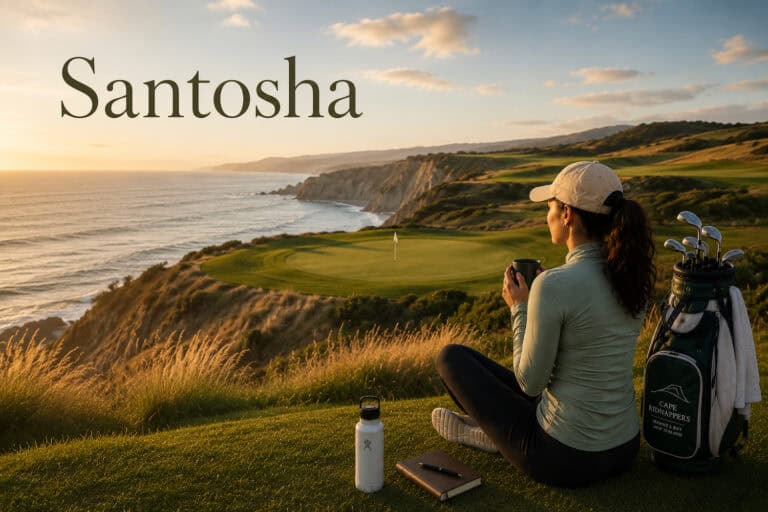 Woman practicing mindfulness on a golf course at sunset.