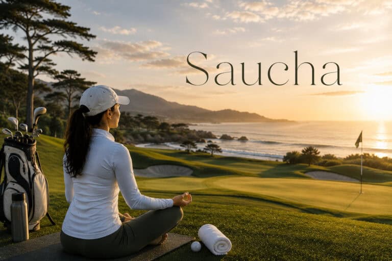 Woman practicing yoga on a golf course at sunset for mindfulness and relaxation.