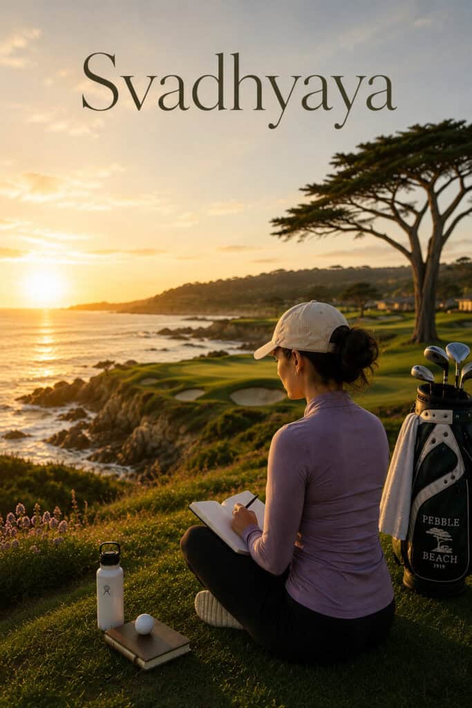Woman practicing mindful walking by the ocean at sunset.