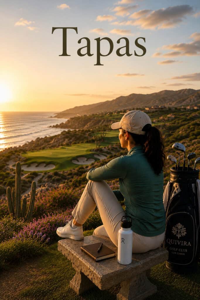 Woman enjoying a mindful walk and meditation at sunset overlooking a golf course.