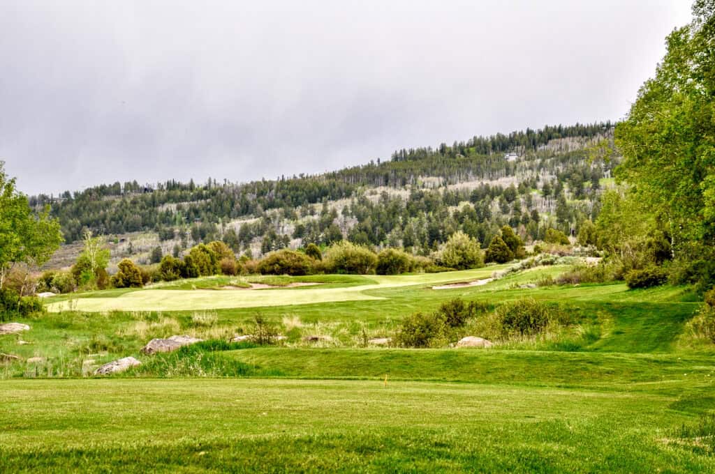 Scenic view of a lush green golf course with rolling hills and trees.