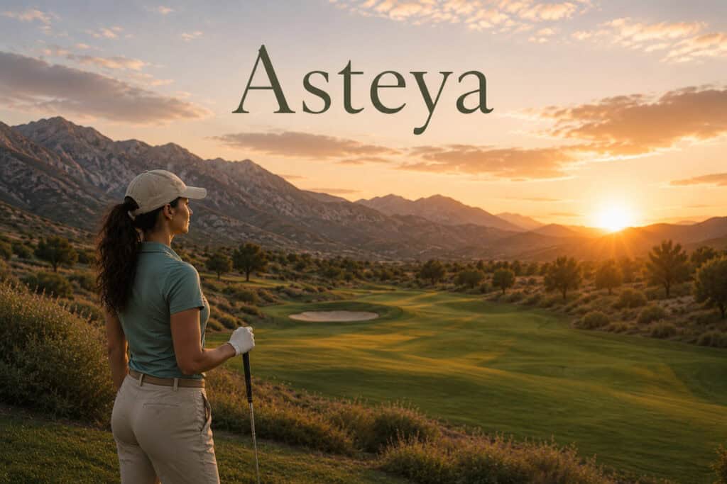 Woman practicing mindful walking on a golf course at sunset.