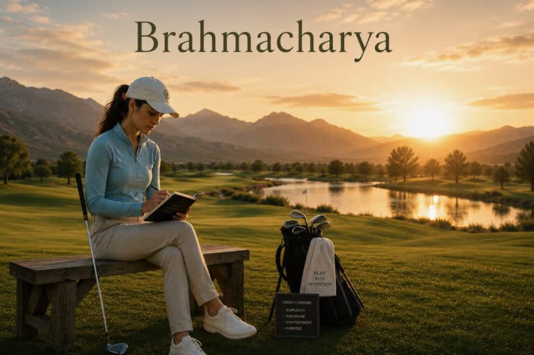 Woman practicing mindful walking on a golf course at sunset.