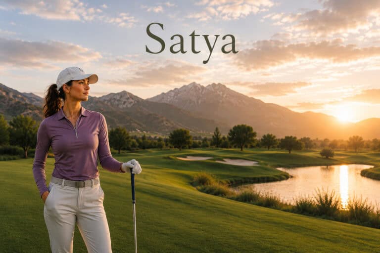 Woman practicing mindful walking on a golf course at sunset.