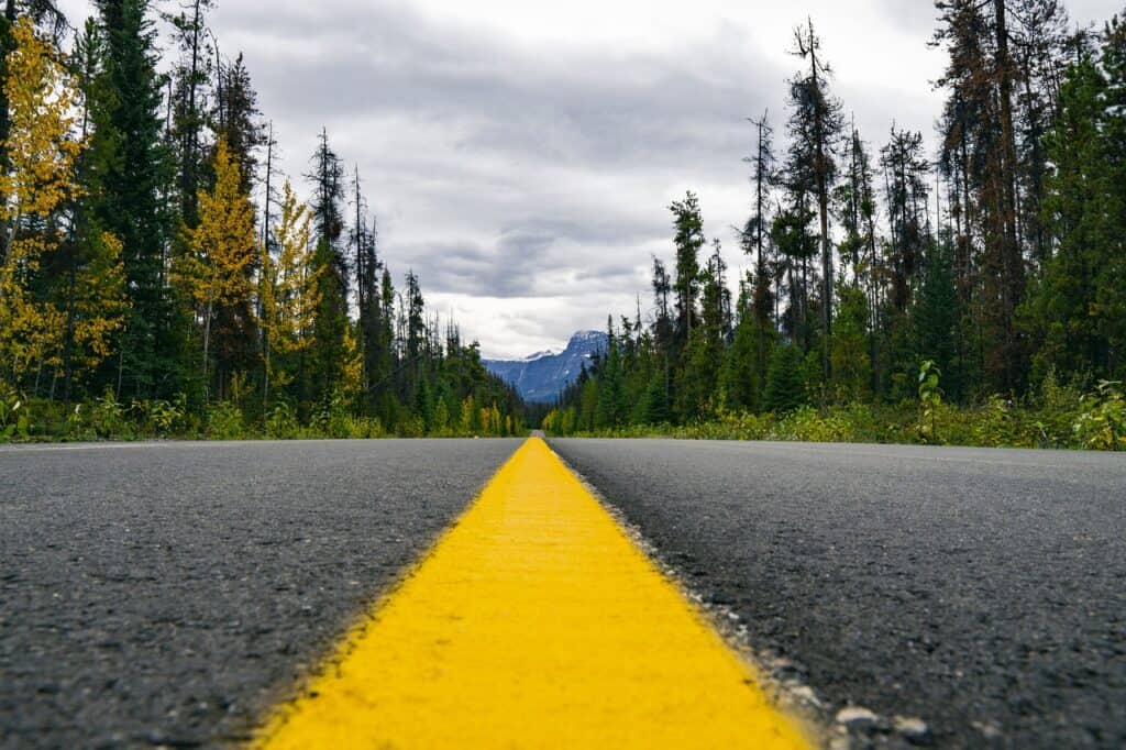 Route de campagne entre les arbres, paysage naturel, sommet enneigé en arrière-plan, ciel nuageux, scenic drive, nature, montagnes, forêt, aventure en plein air, voyage en nature, images de voyage.