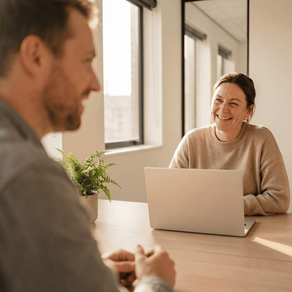 Development professional meeting with a participant following an organizational event