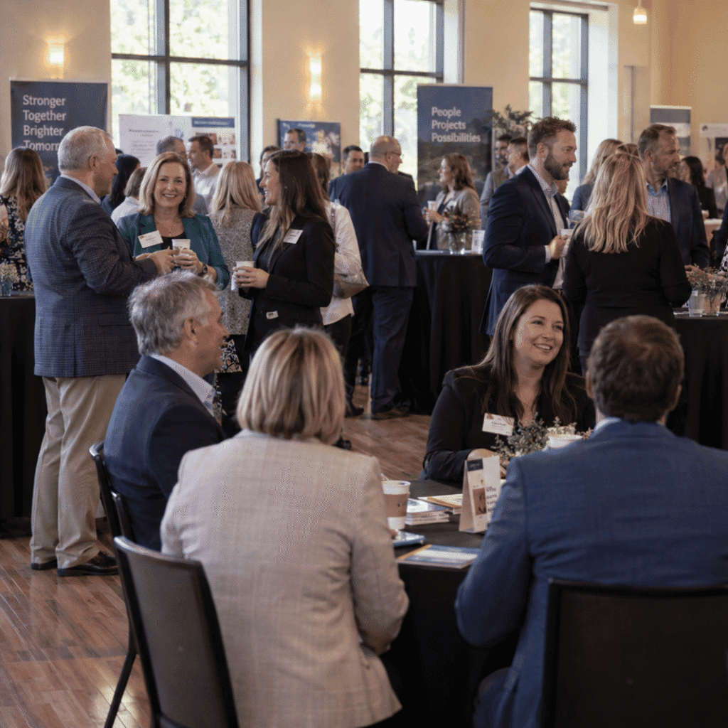 Business professionals gathered in small groups at a crowded networking event
