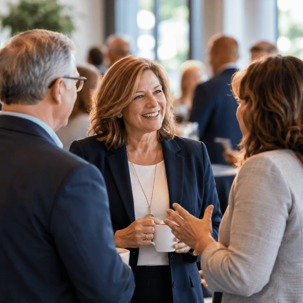 Three professionals talking at a networking event, with other attendees gathered in the background.