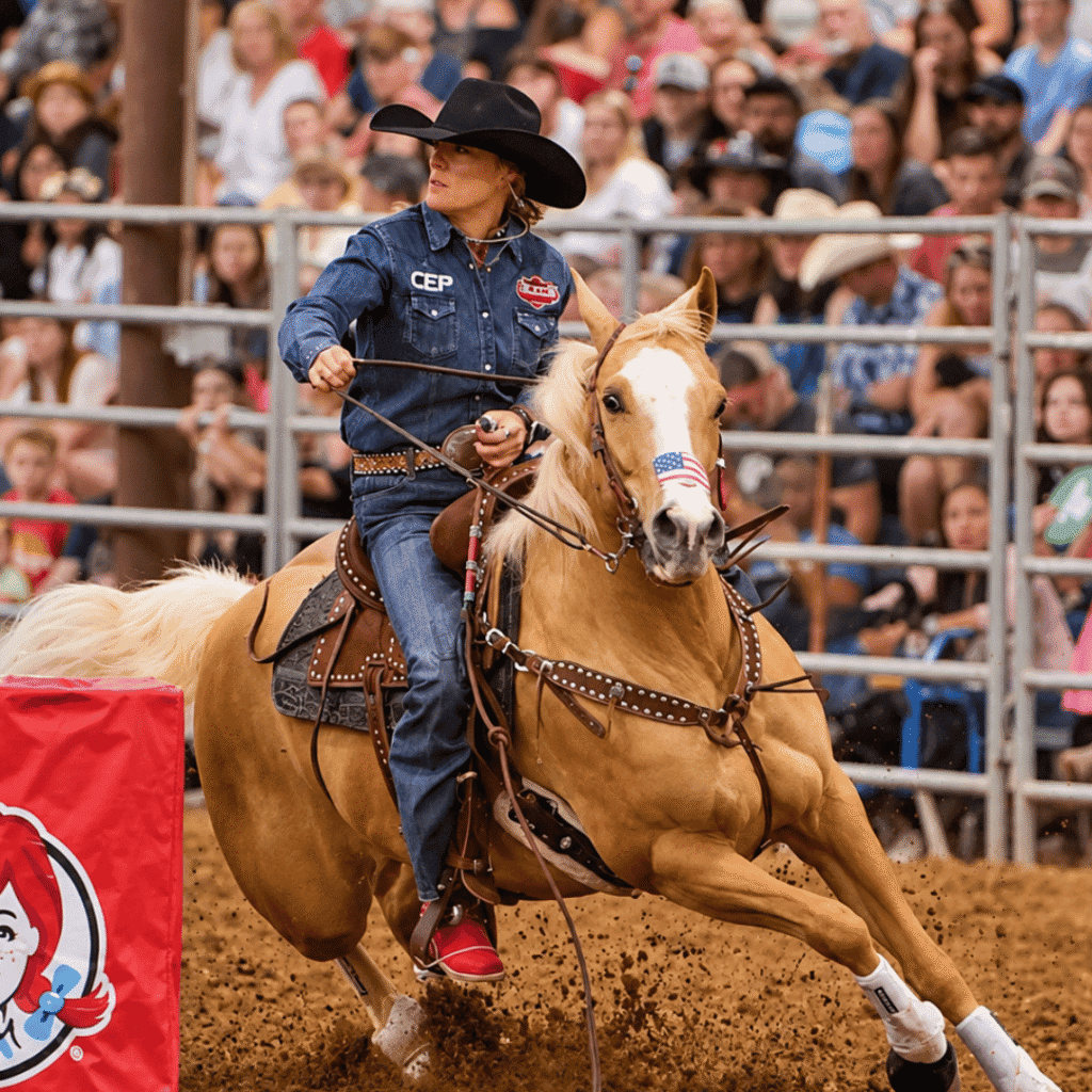 Tricia Phillips barrel racing with Zona, her palomino quarter horse.