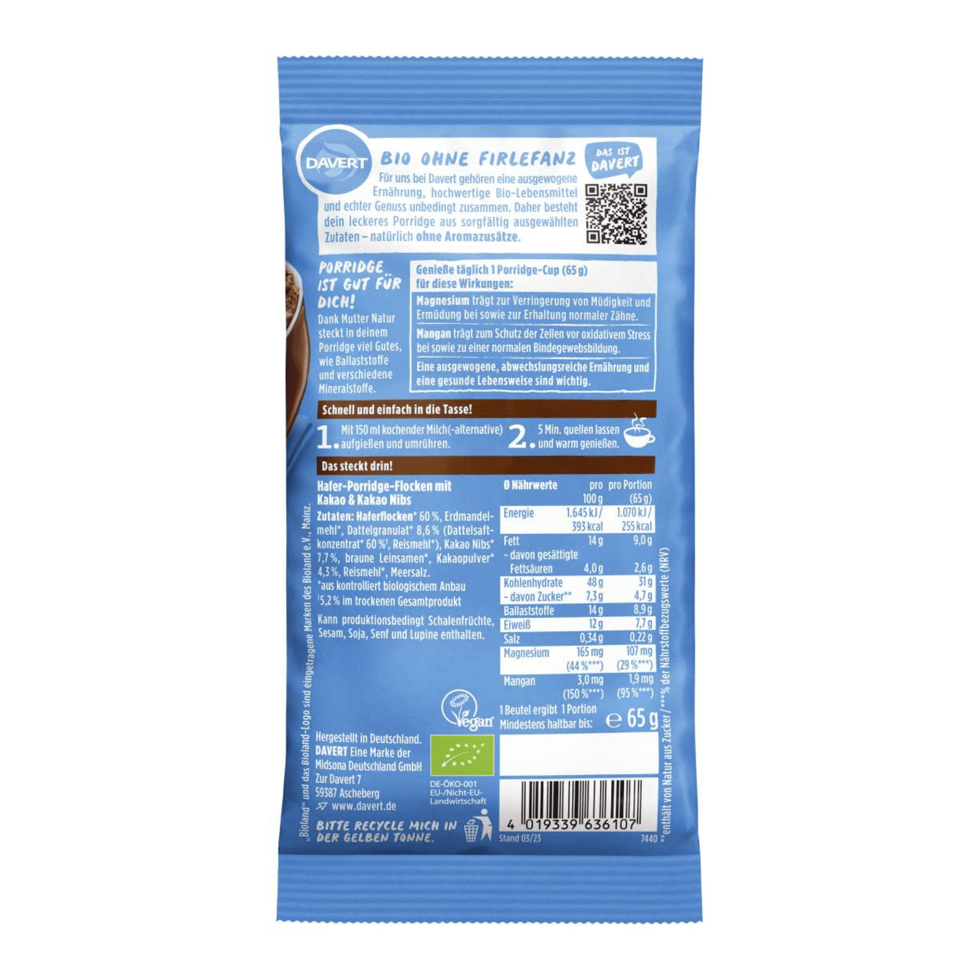 Porridge Cup Schokolade & Kakao Nibs Bio - Davert – Bild 2