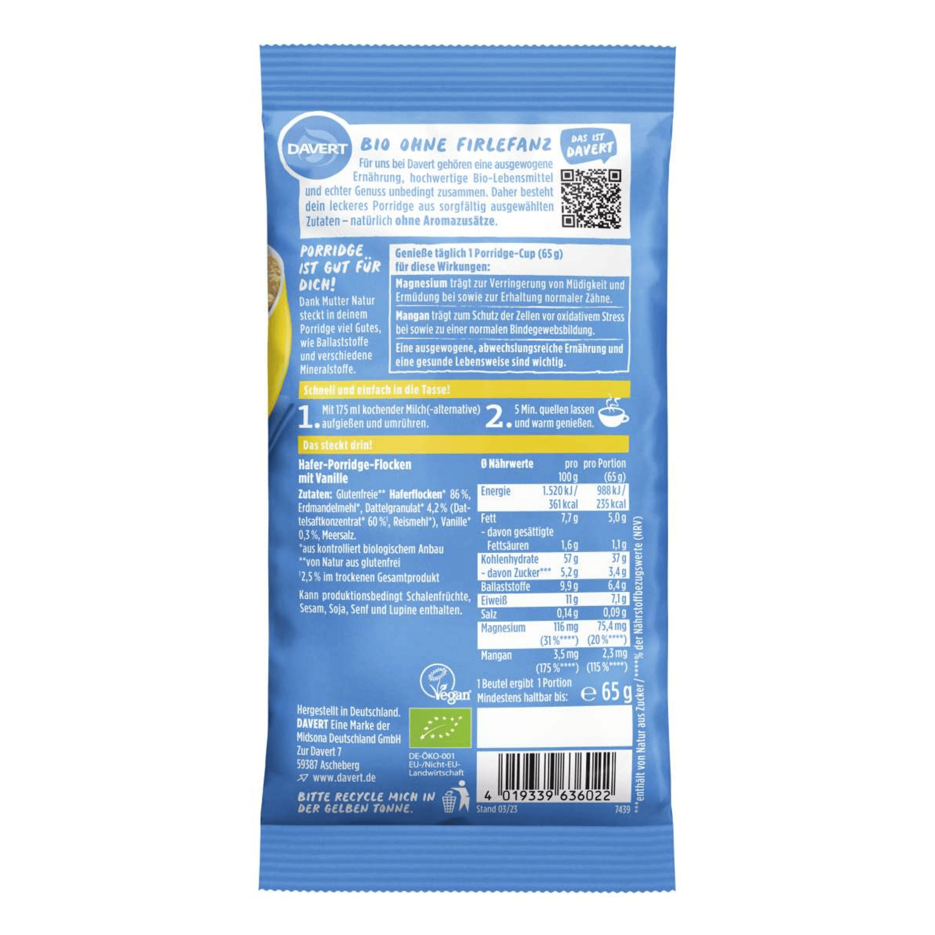 Porridge Cup Vanille glutenfrei Bio - Davert – Bild 2