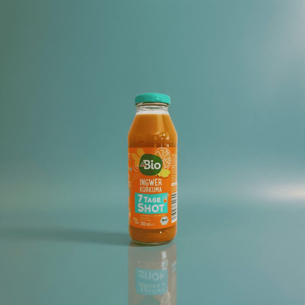 Ingwer & Kurkuma Shot 7 Tage Bio - dm Liefert täglich natürlichen Ingwer-Kurkuma-Kick mit Vitamin C aus Acerola. 7 Portionen à 40 ml – nachhaltig verpackt & einfach dosierbar.