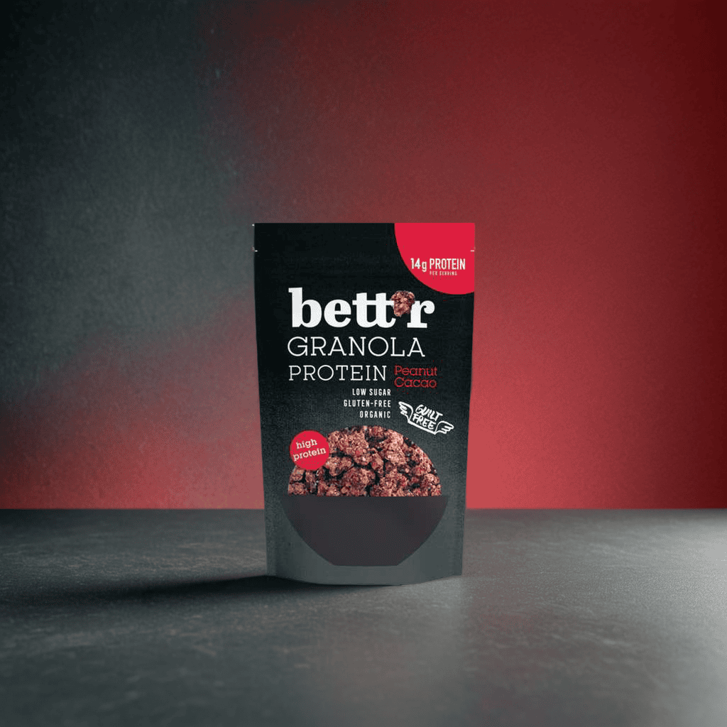 Protein Granola Erdnuss-Kakao glutenfrei Bio mit 14 g Proteinen pro Portion 300g Verpackung