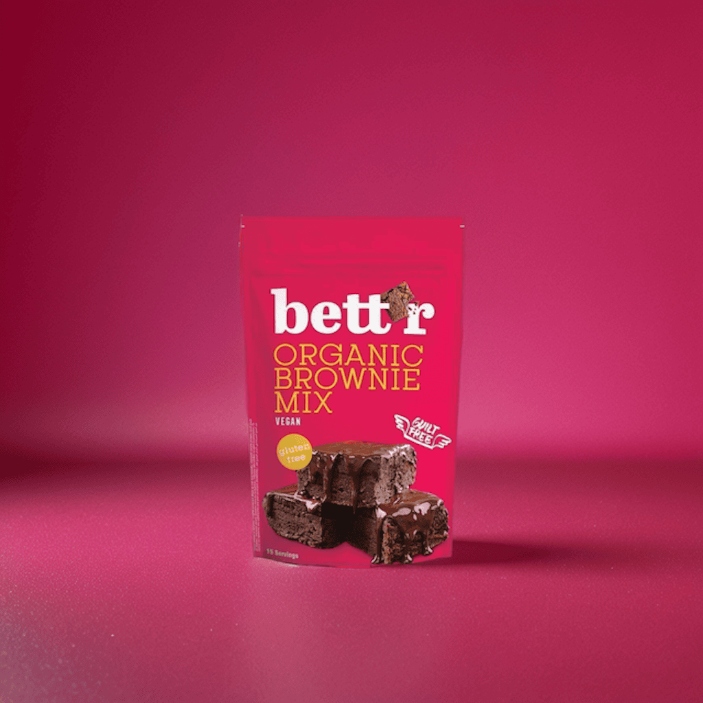Schokoladige Brownie Backmischung glutenfrei und vegan. Gesüsst mit Kokosblütenzucker. Mit Superfood-Mehlen ohne Gluten. 300 g Verpackung