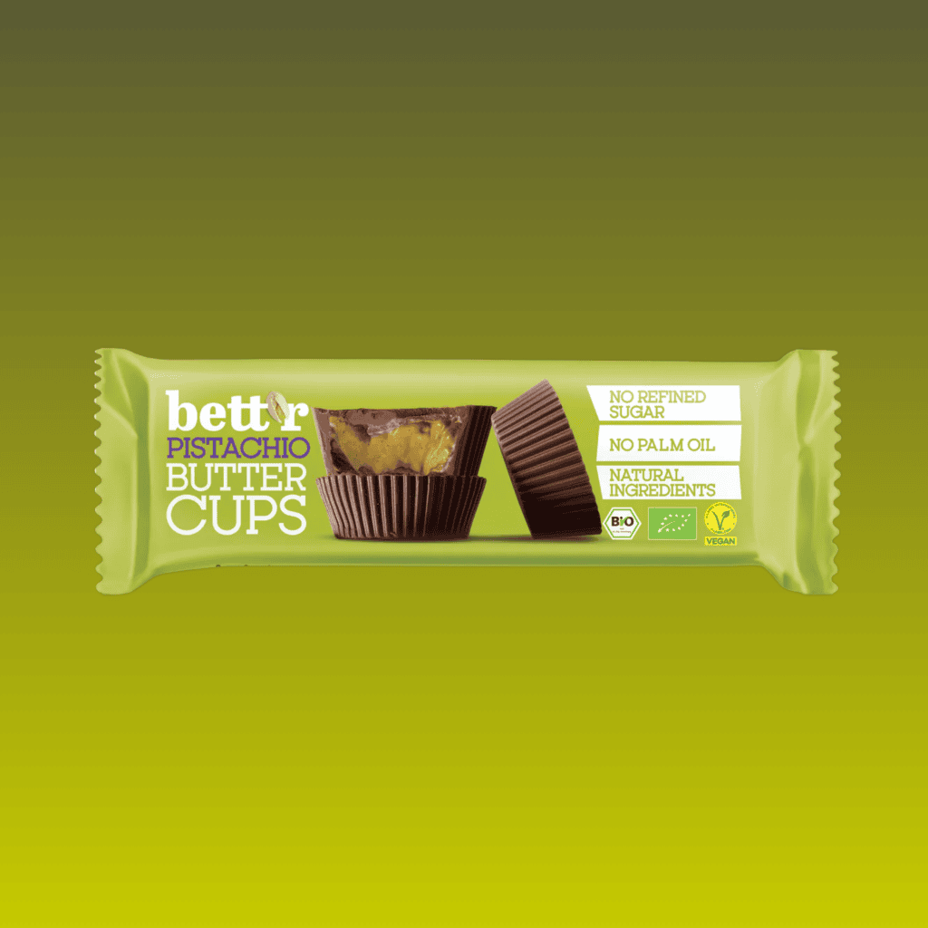 Pistazienbutter Cups Bio mit Kokosblütenzucker gesüsst. Zartschmelzend und verführerisch cremig.