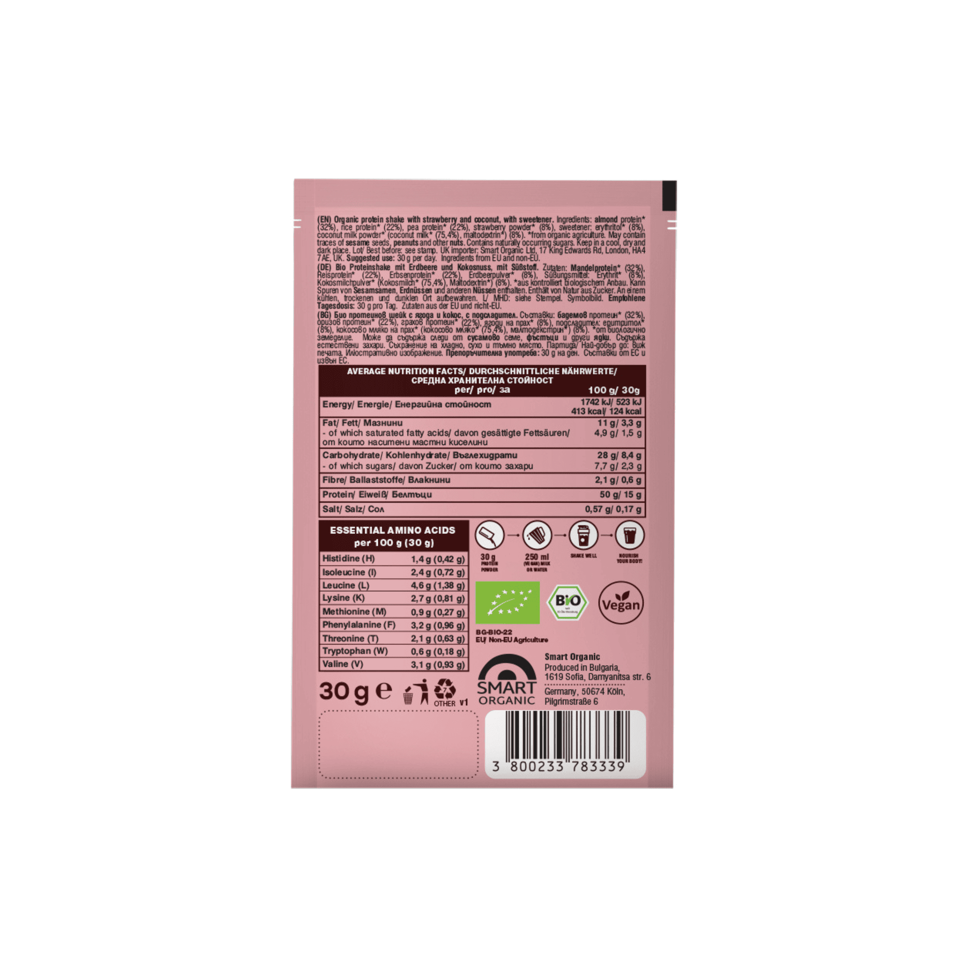 Veganes Proteinpulver Bio Erdbeere & Kokosnuss 30g - Dragon Superfoods – Bild 2