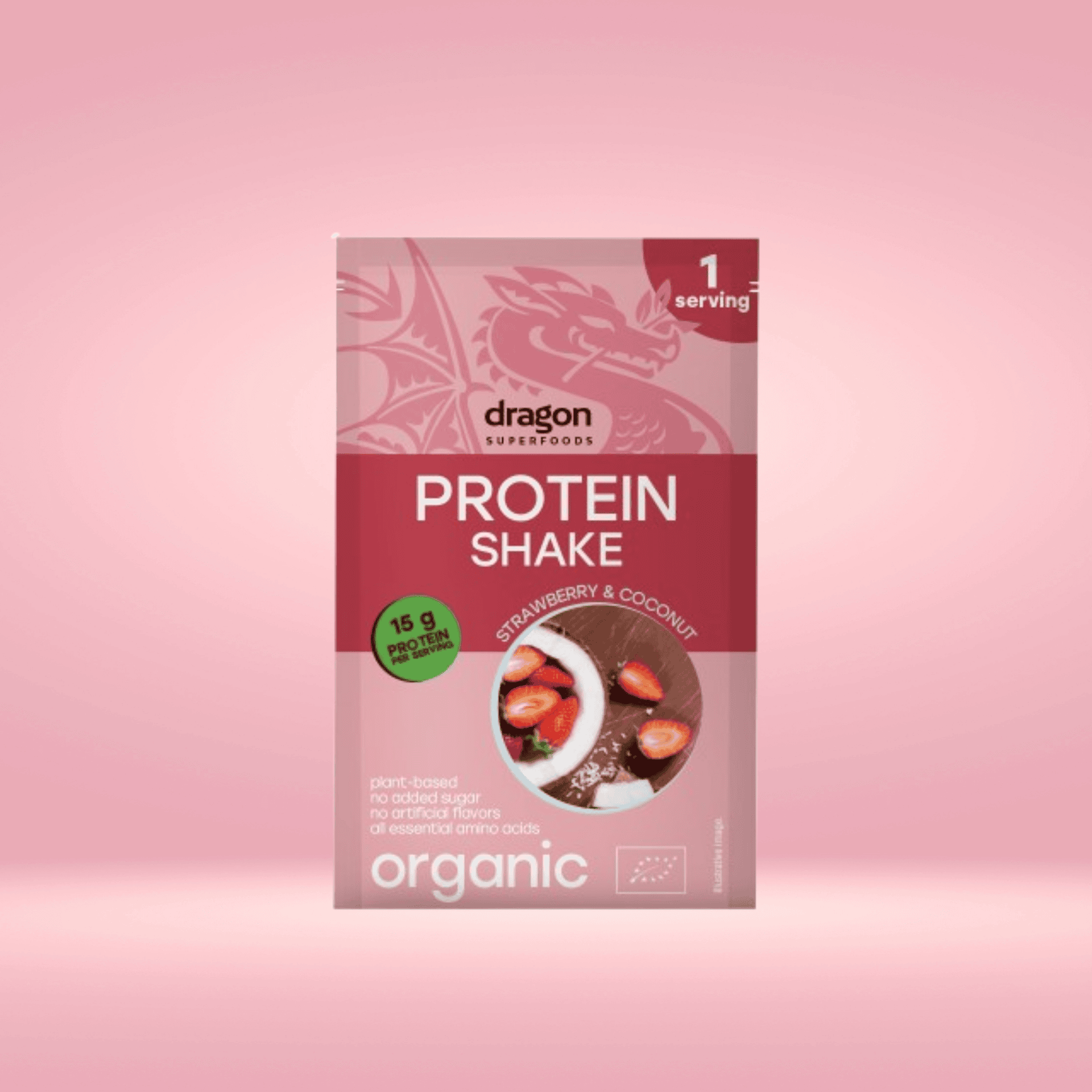 Veganer Protein Shake mit Erdbeere & Kokosnuss in praktischer 30 g-Einzelportion – perfekt für unterwegs, nach dem Training oder als proteinreicher Snack im Alltag.