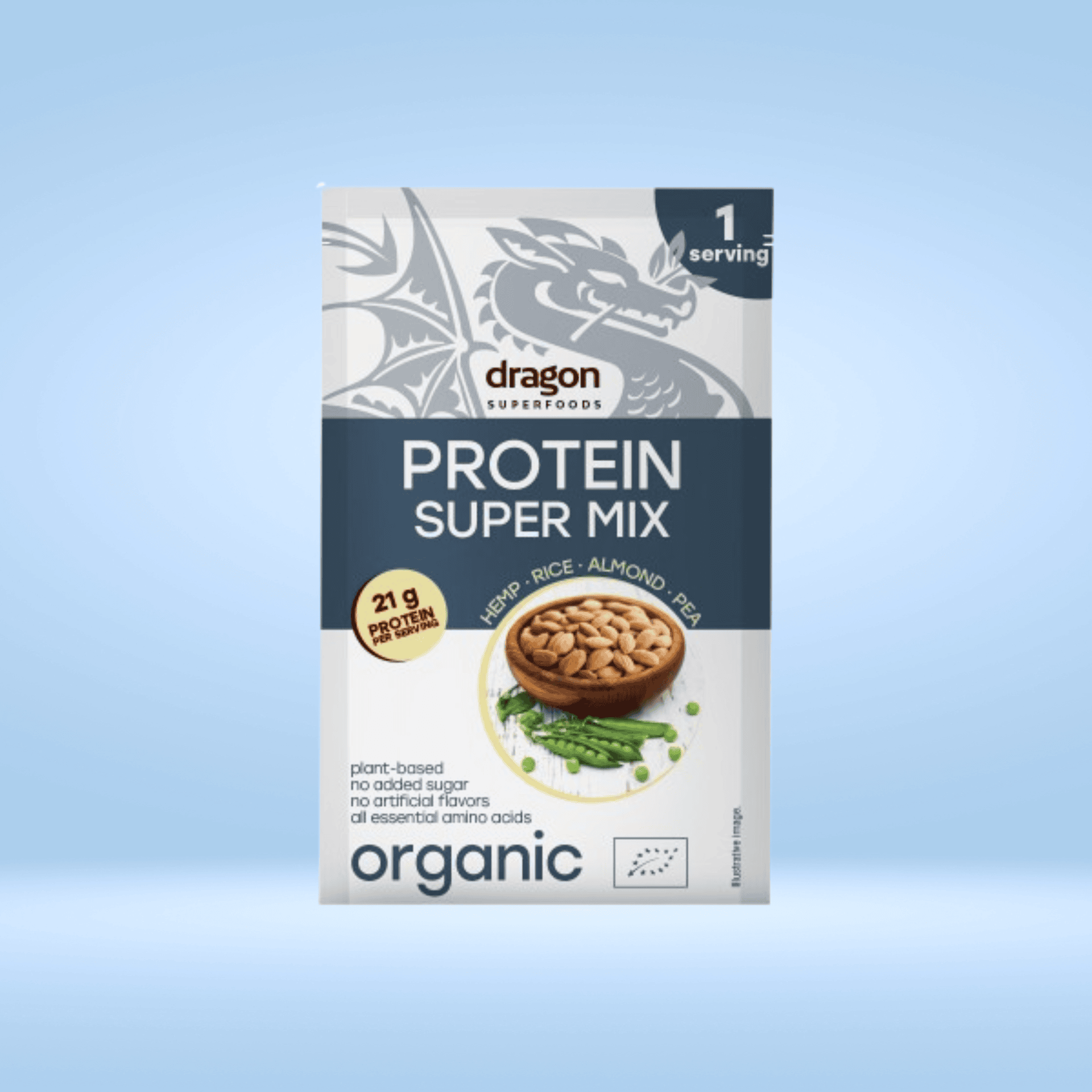 Veganer Protein Shake Super Mix aus pflanzlichen Proteinquellen: Reis, Erbse, Hanf und Mandeln in praktischer 30 g-Einzelportion – perfekt für unterwegs, nach dem Training oder als proteinreicher Snack im Alltag.
