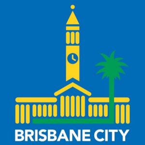 Icon of Brisbane City with clock tower and palm tree.