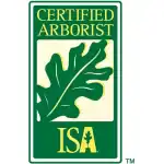 ISA Certified Arborist badge with green oak leaf logo and green text.